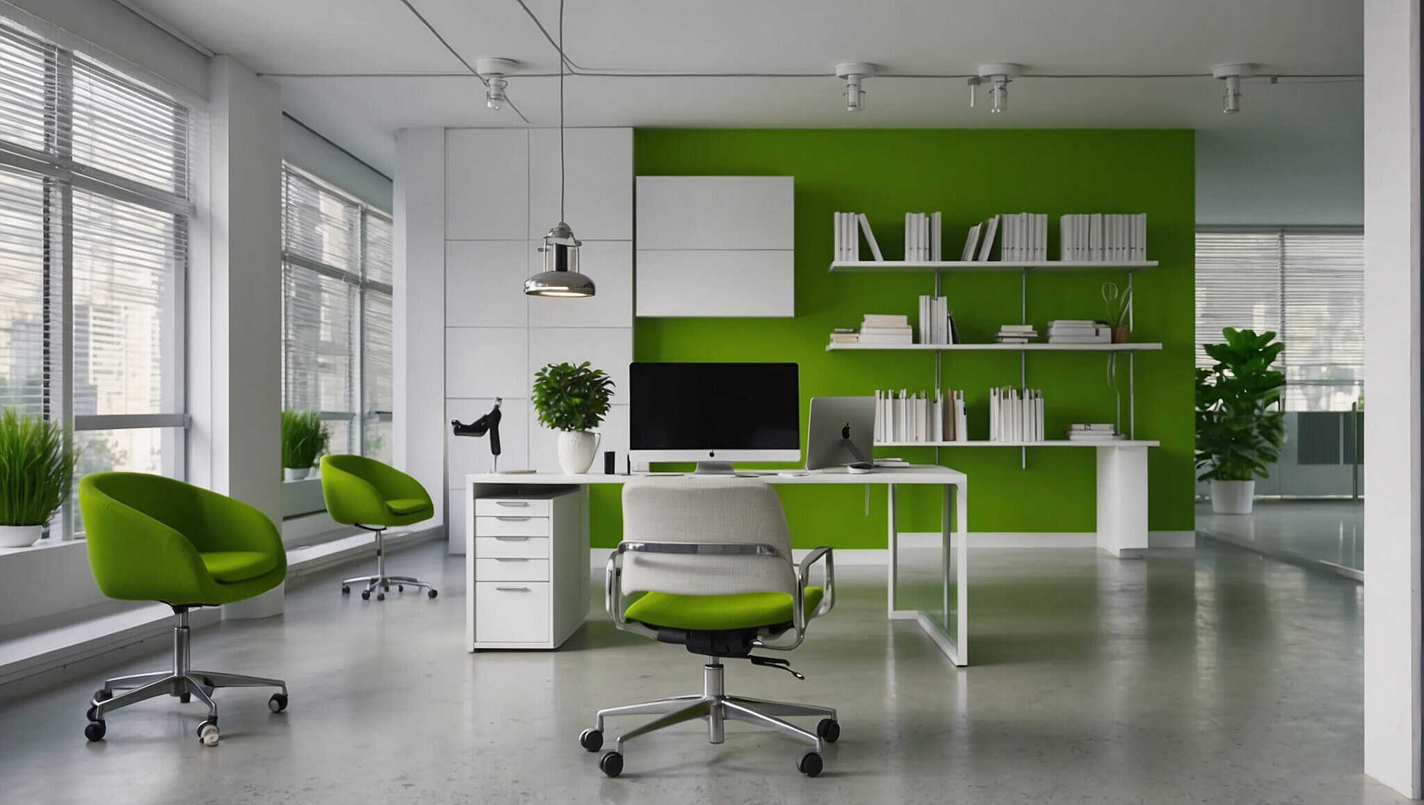 green-office-with-computer-desk-chair-shelf-plants